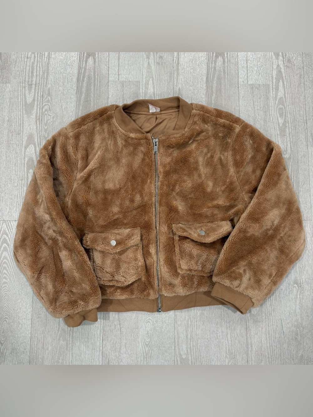 No Boundaries Brown Faux Fur Sherpa Zip Up Bomber Jacket Size Large (11-13) 